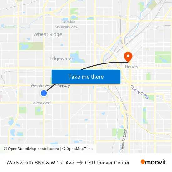 Wadsworth Blvd & W 1st Ave to CSU Denver Center map