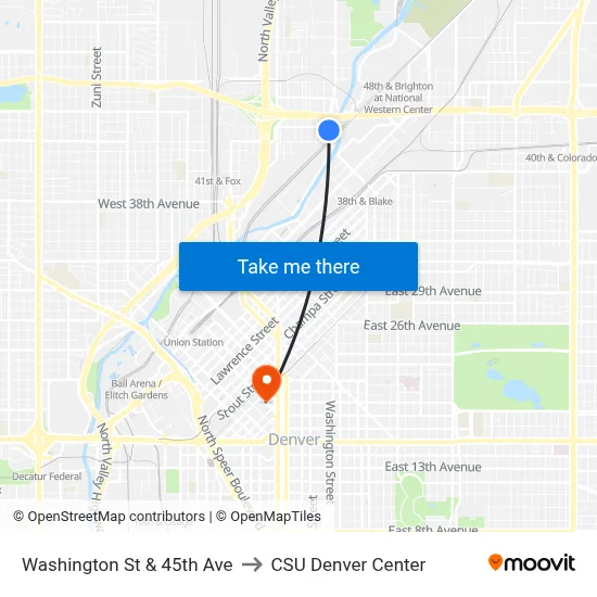 Washington St & 45th Ave to CSU Denver Center map