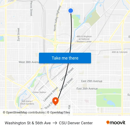 Washington St & 56th Ave to CSU Denver Center map