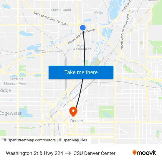 Washington St & Hwy 224 to CSU Denver Center map