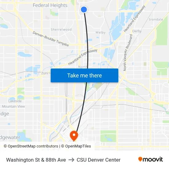 Washington St & 88th Ave to CSU Denver Center map