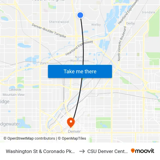 Washington St & Coronado Pkwy to CSU Denver Center map