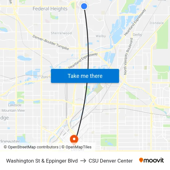 Washington St & Eppinger Blvd to CSU Denver Center map