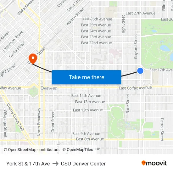 York St & 17th Ave to CSU Denver Center map