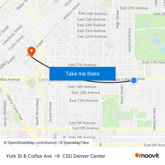 York St & Colfax Ave to CSU Denver Center map