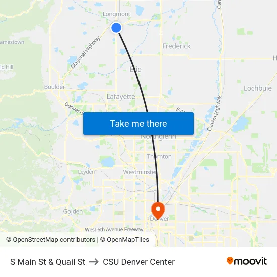 S Main St & Quail St to CSU Denver Center map