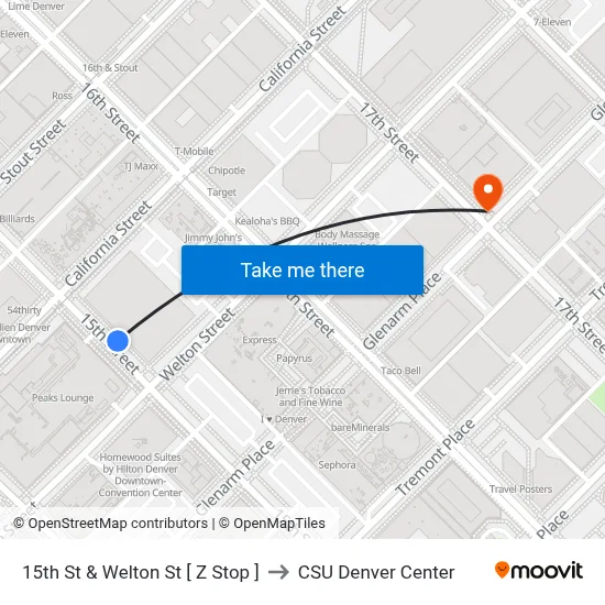 15th St & Welton St [ Z Stop ] to CSU Denver Center map