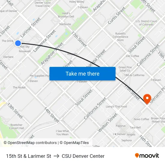 15th St & Larimer St to CSU Denver Center map
