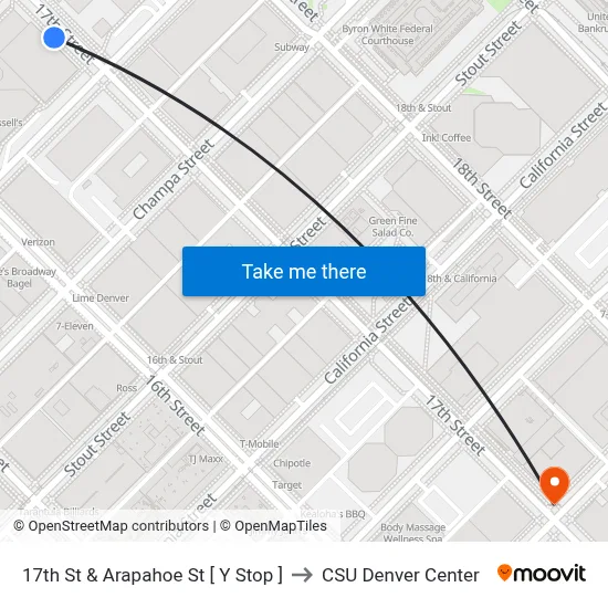 17th St & Arapahoe St [ Y Stop ] to CSU Denver Center map