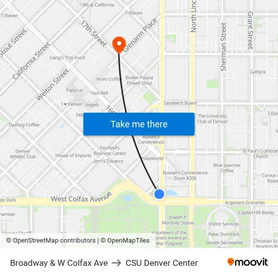 Broadway & W Colfax Ave to CSU Denver Center map