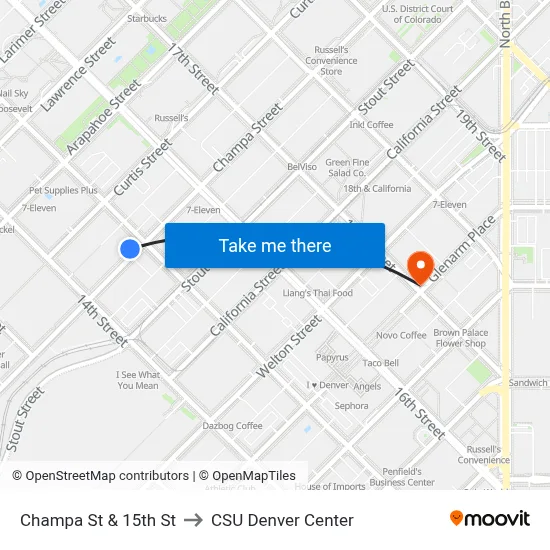 Champa St & 15th St to CSU Denver Center map
