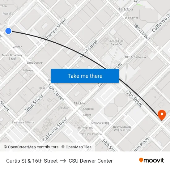 Curtis St & 16th Street to CSU Denver Center map