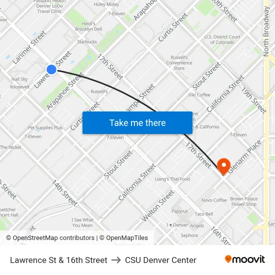 Lawrence St & 16th Street to CSU Denver Center map