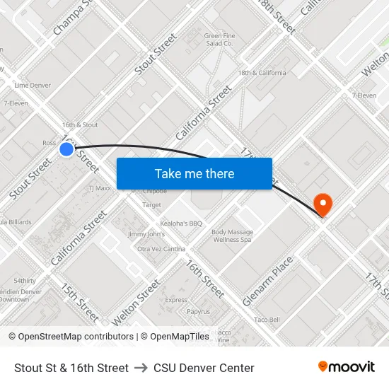 Stout St & 16th Street to CSU Denver Center map