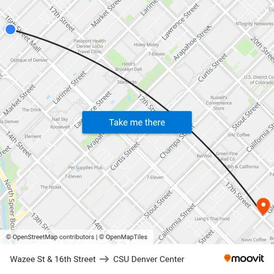 Wazee St & 16th Street to CSU Denver Center map