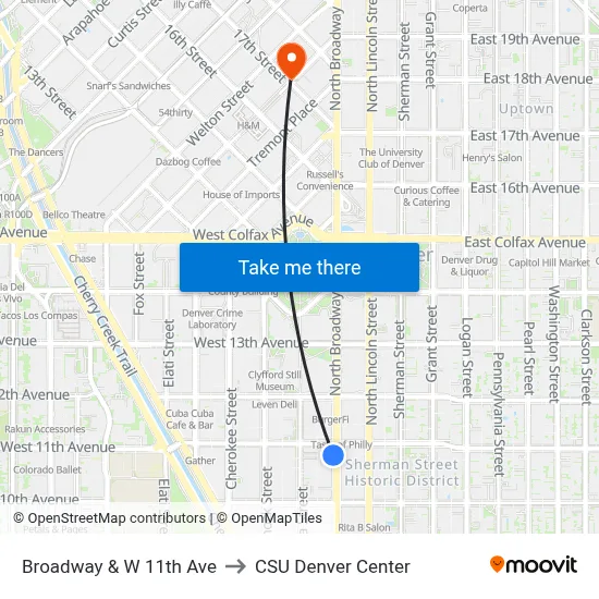 Broadway & W 11th Ave to CSU Denver Center map