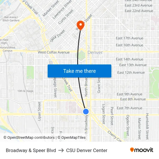 Broadway & Speer Blvd to CSU Denver Center map