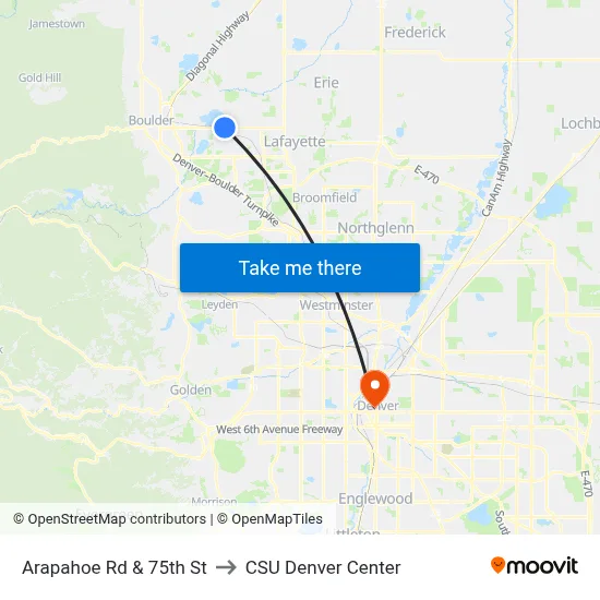 Arapahoe Rd & 75th St to CSU Denver Center map
