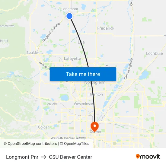 Longmont Pnr to CSU Denver Center map