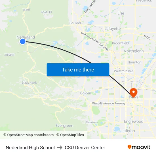 Nederland High School to CSU Denver Center map