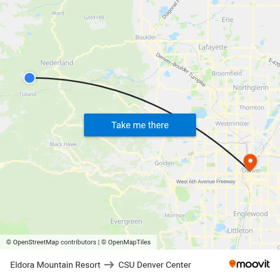 Eldora Mountain Resort to CSU Denver Center map
