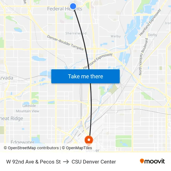 W 92nd Ave & Pecos St to CSU Denver Center map