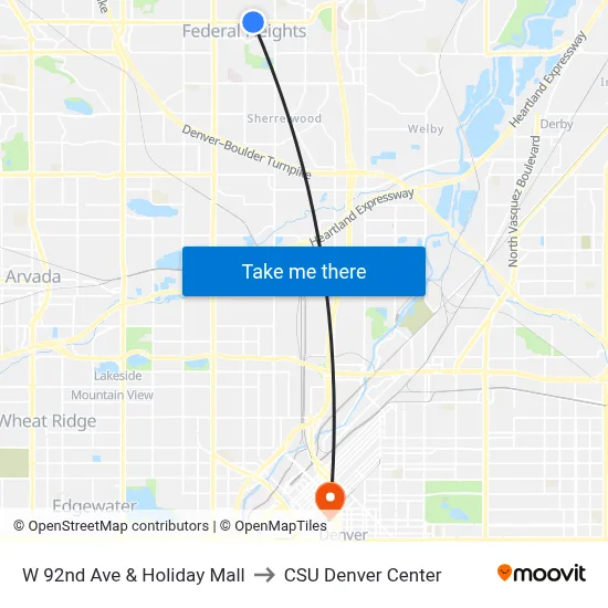 W 92nd Ave & Holiday Mall to CSU Denver Center map