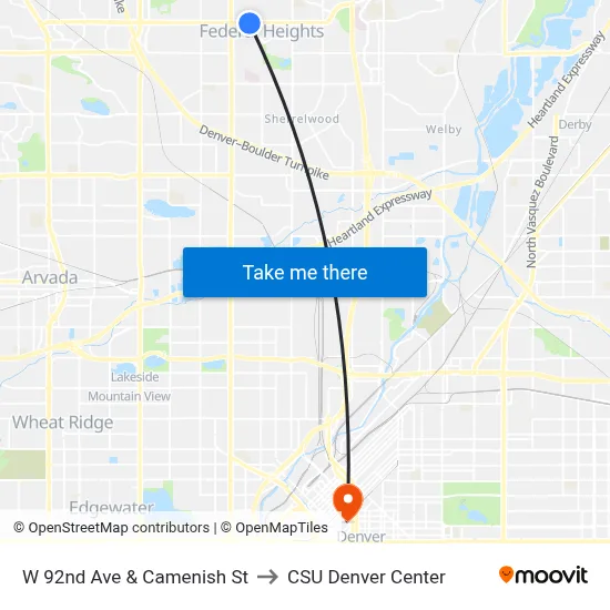 W 92nd Ave & Camenish St to CSU Denver Center map