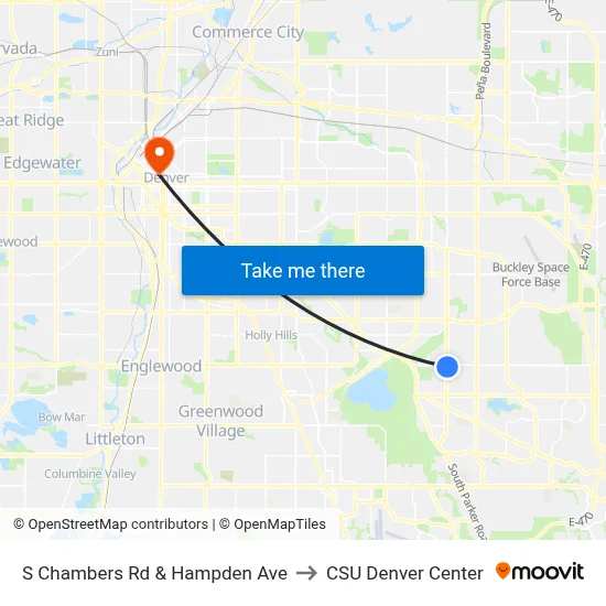 S Chambers Rd & Hampden Ave to CSU Denver Center map