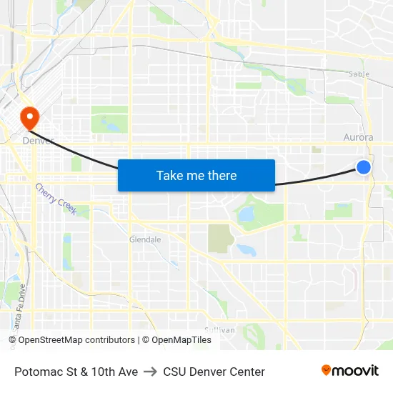 Potomac St & 10th Ave to CSU Denver Center map
