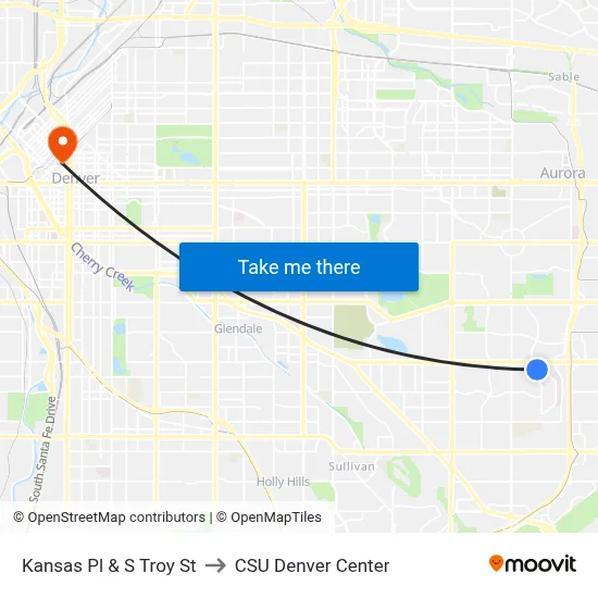 Kansas Pl & S Troy St to CSU Denver Center map