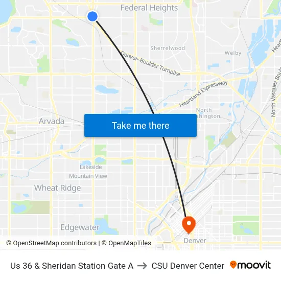 Us 36 & Sheridan Station Gate A to CSU Denver Center map