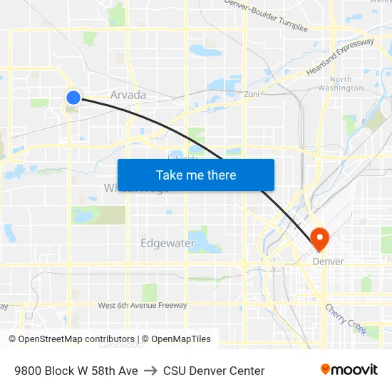 9800 Block W 58th Ave to CSU Denver Center map