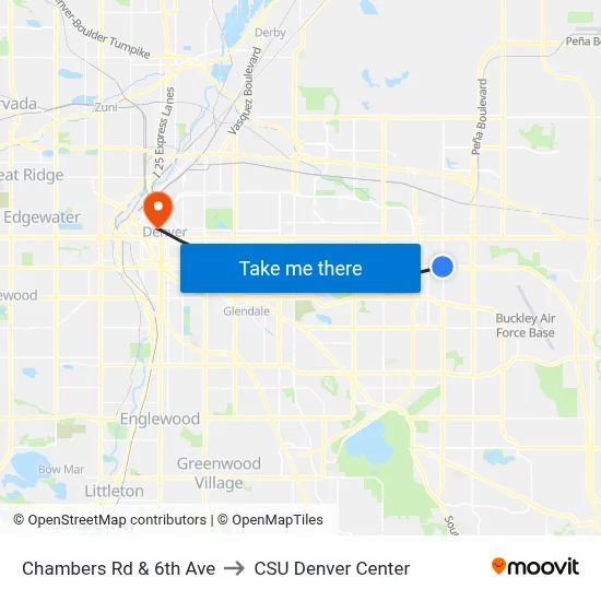 Chambers Rd & 6th Ave to CSU Denver Center map