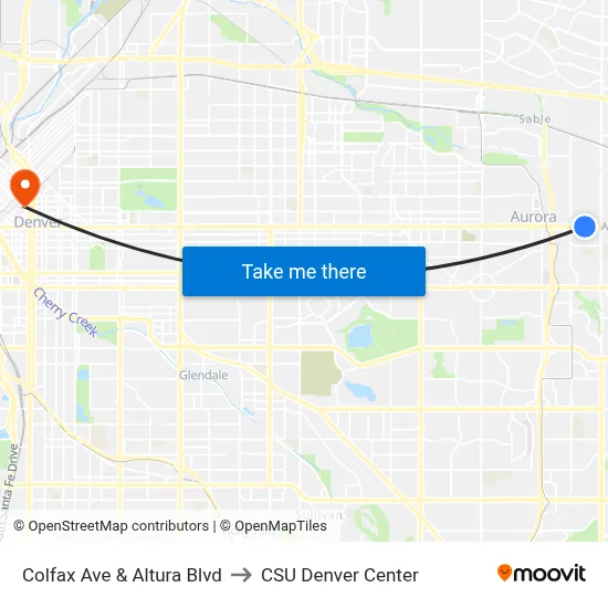 Colfax Ave & Altura Blvd to CSU Denver Center map