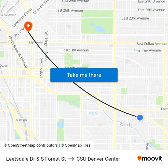 Leetsdale Dr & S Forest St to CSU Denver Center map