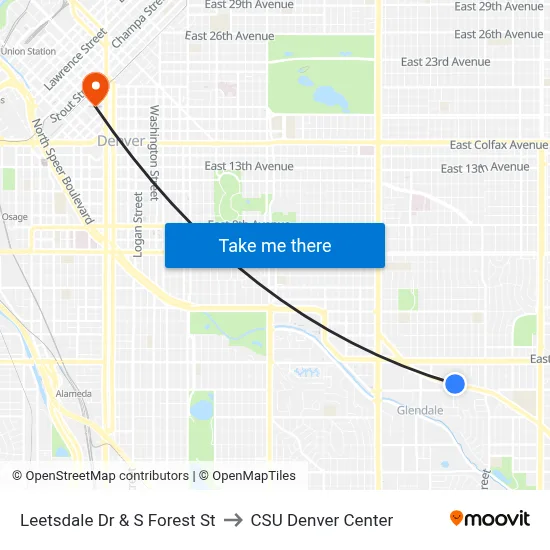 Leetsdale Dr & S Forest St to CSU Denver Center map