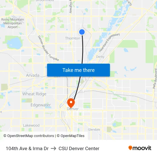 104th Ave & Irma Dr to CSU Denver Center map