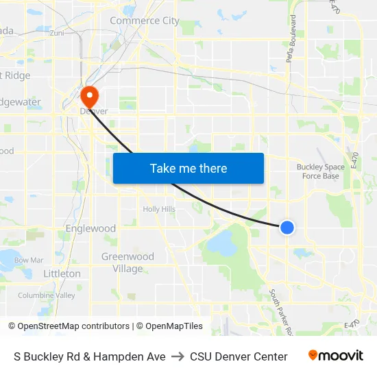 S Buckley Rd & Hampden Ave to CSU Denver Center map