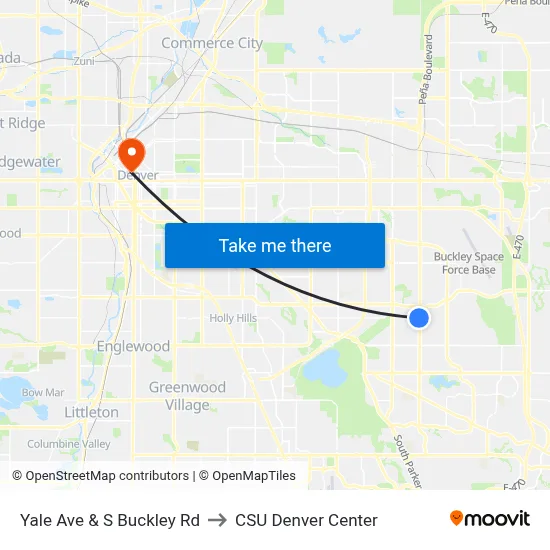 Yale Ave & S Buckley Rd to CSU Denver Center map