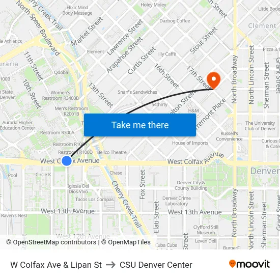 W Colfax Ave & Lipan St to CSU Denver Center map