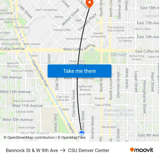 Bannock St & W 9th Ave to CSU Denver Center map