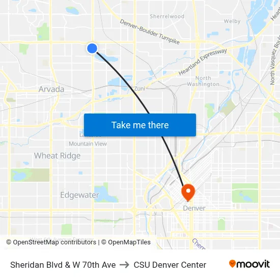 Sheridan Blvd & W 70th Ave to CSU Denver Center map