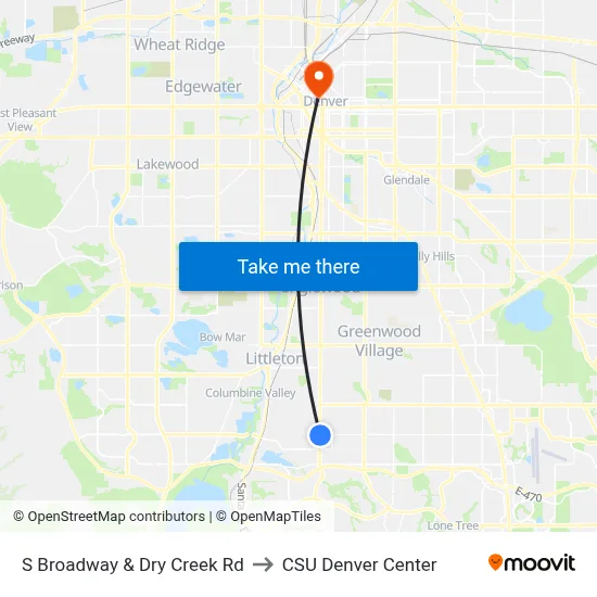 S Broadway & Dry Creek Rd to CSU Denver Center map