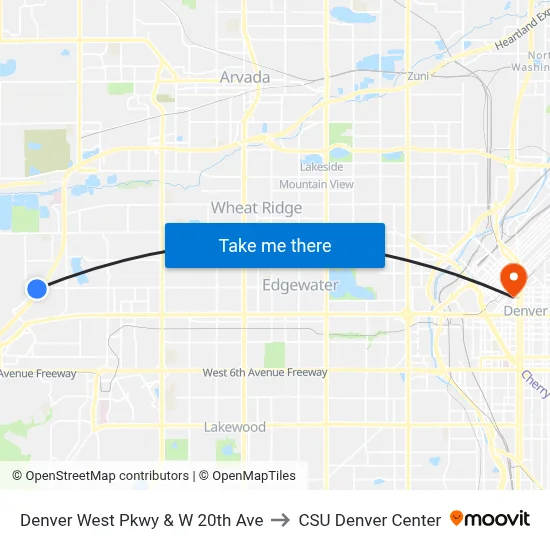 Denver West Pkwy & W 20th Ave to CSU Denver Center map