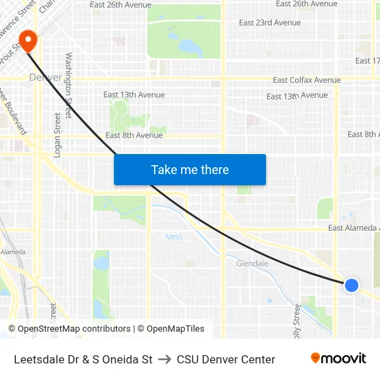 Leetsdale Dr & S Oneida St to CSU Denver Center map