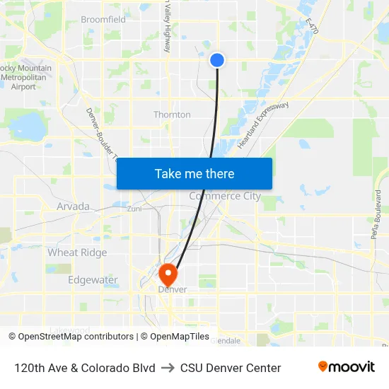 120th Ave & Colorado Blvd to CSU Denver Center map