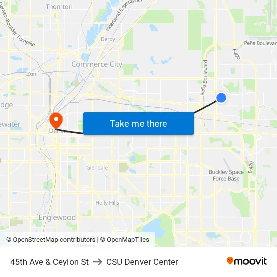 45th Ave & Ceylon St to CSU Denver Center map