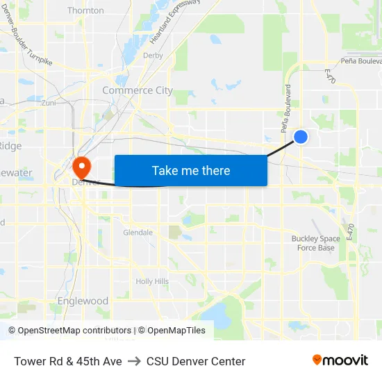 Tower Rd & 45th Ave to CSU Denver Center map