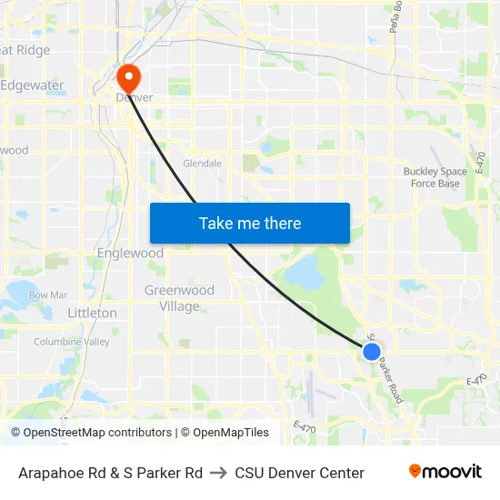Arapahoe Rd & S Parker Rd to CSU Denver Center map